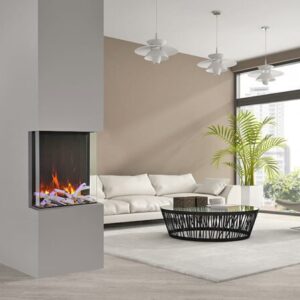 Interior of modern  loft with fireplace and white sofa 3D rendering